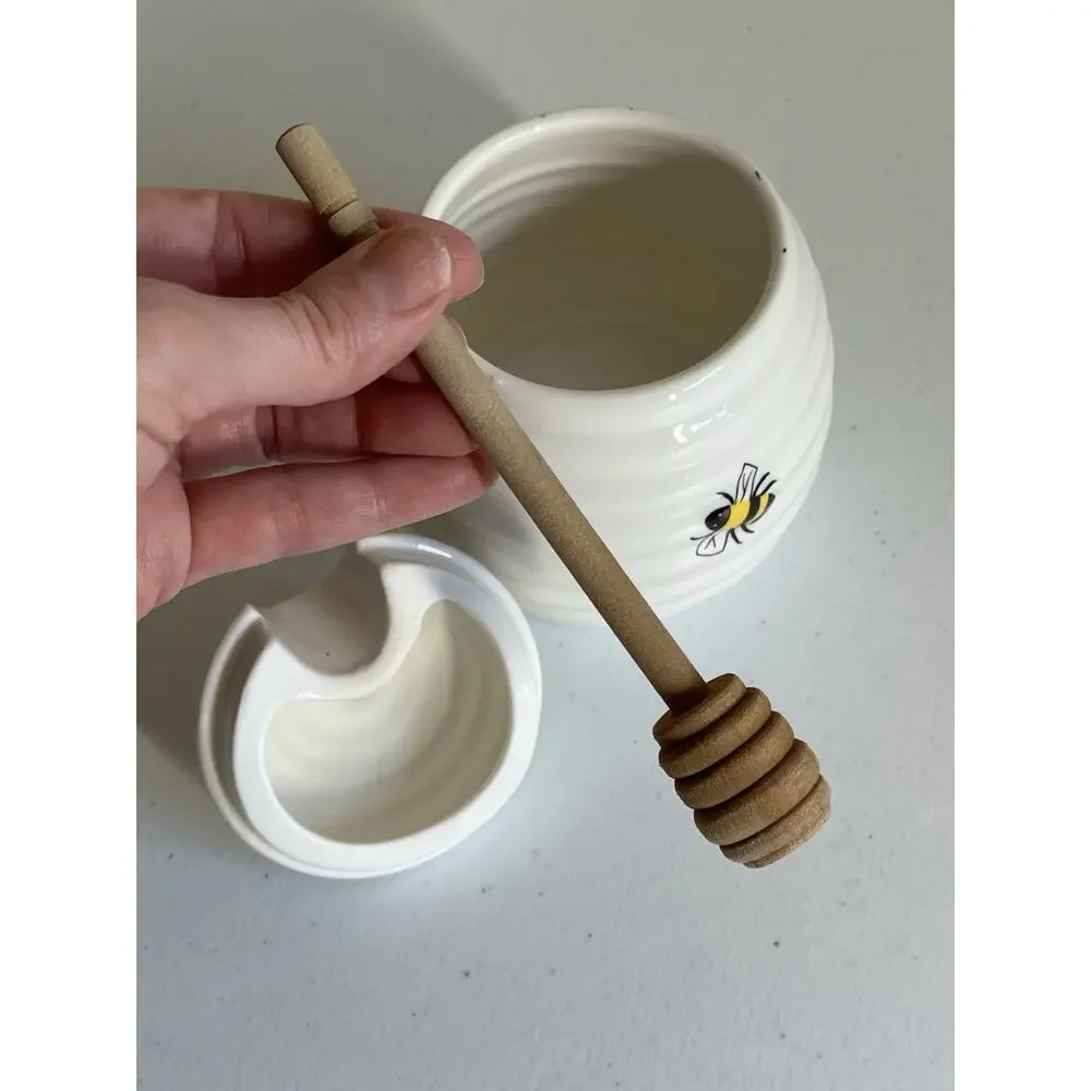Ceramic Bee Honey Jar Wooden Dipper Beehive Kitchen Decor Cottagecore Farmhouse